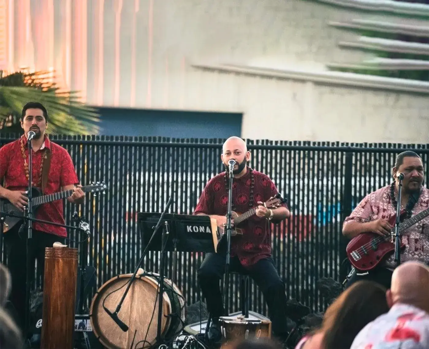 Musicians playing guitar, ukulele and drum on the Umekes patio