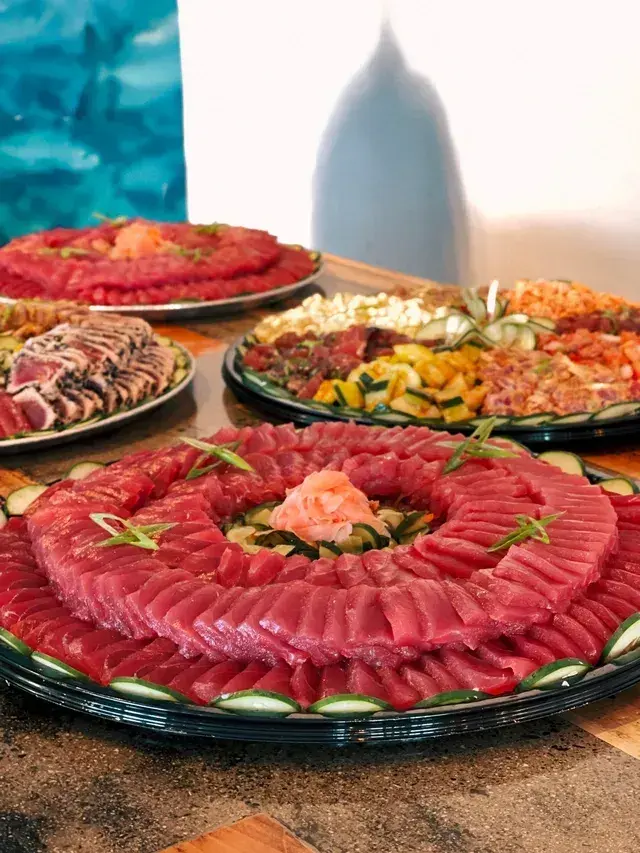 Hawaiian catering platters of poke and seafood