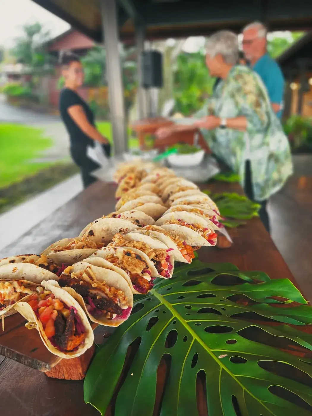 Tacos lined up on monstera leaves at an outdoor Umekes catering buffet