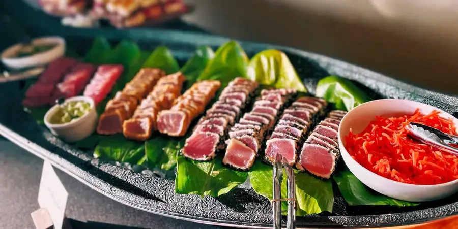 Seared ahi on ti leaves, plated for an Umekes corporate event