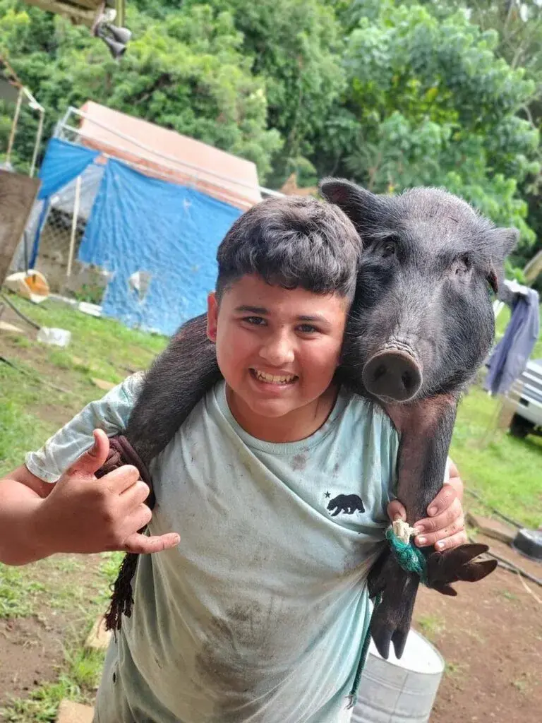 A young hunter carrying a wild pig home across his shoulders on the Big Island