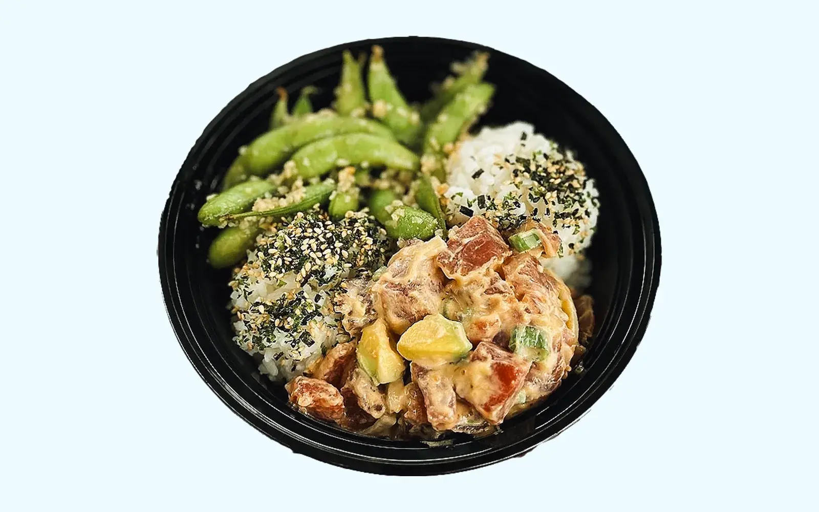 Umekes Poke Bowl of creamy ahi poke with avocado, rice and edamame