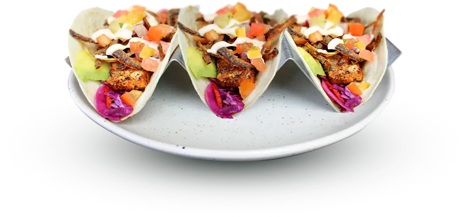 Three Umekes cajun ahi tacos with avocado, pico de gallo, and purple slaw